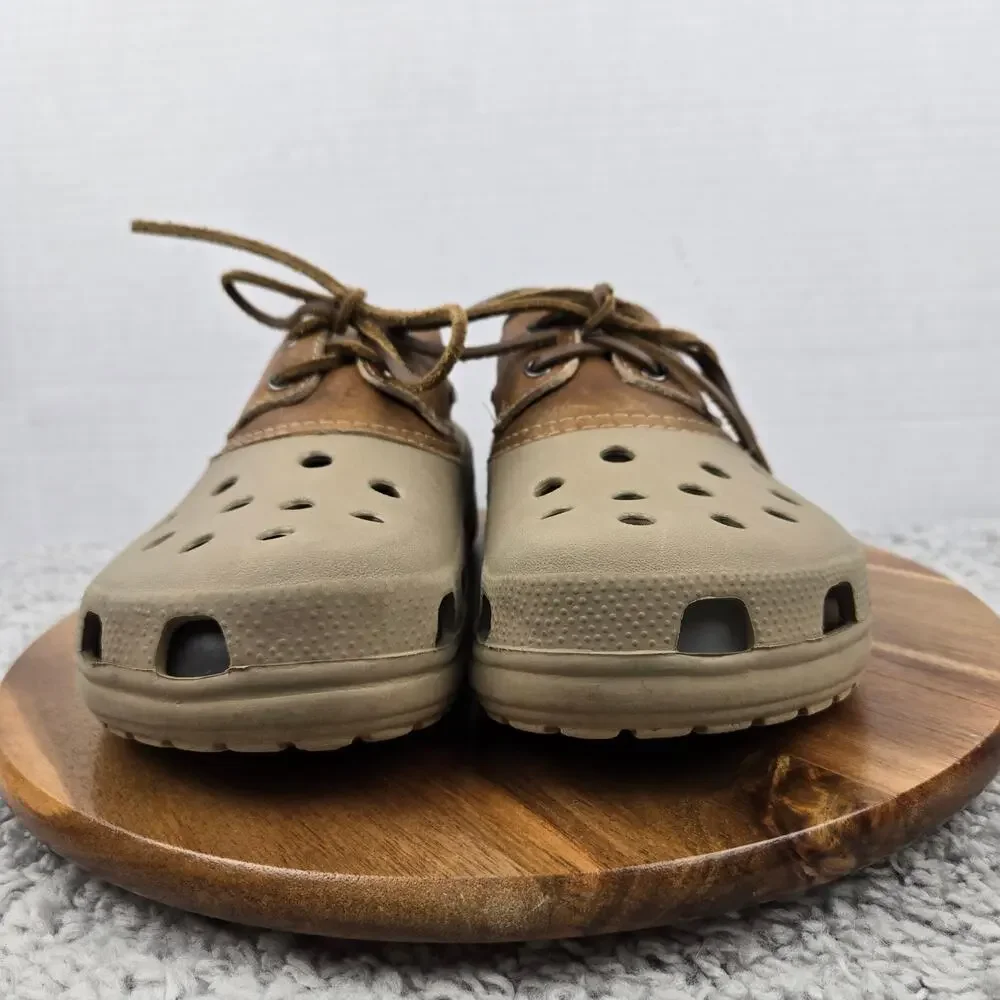 Crocs Mens 11 Islander Pitcrew Brown Leather Clog Casual Lifestyle Boat Shoes